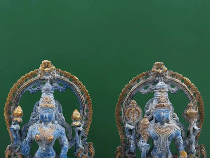 Brassaura® Lakshmi & Vishnu Brass Statue Pair | Natural Brass Finish | Height 15.9 Inches