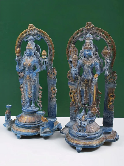 Brassaura® Lakshmi & Vishnu Brass Statue Pair | Natural Brass Finish | Height 15.9 Inches
