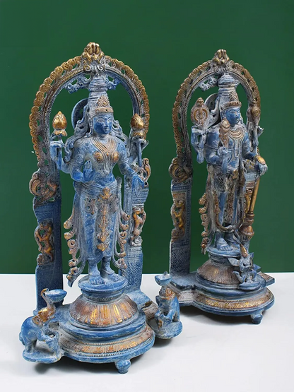 Brassaura® Lakshmi & Vishnu Brass Statue Pair | Natural Brass Finish | Height 15.9 Inches