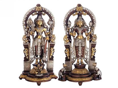 ब्रैसौरा® लक्ष्मी और विष्णु पीतल की प्रतिमा जोड़ी | प्राकृतिक पीतल फ़िनिश | ऊँचाई 15.9 इंच