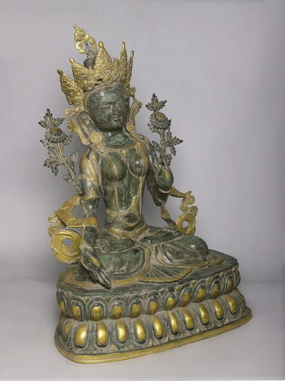 Brassaura® पीतल बैठी तारा देवी प्रतिमा | एंटीक डुअल टोन फिनिश | ऊंचाई 34 इंच और वजन 33.30 किलोग्राम