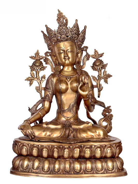 Brassaura® Ídolo Tara Devi Sentada em Latão | Acabamento Duplo Tom Envelhecido | Altura 86 cm e Peso 33,30 kg