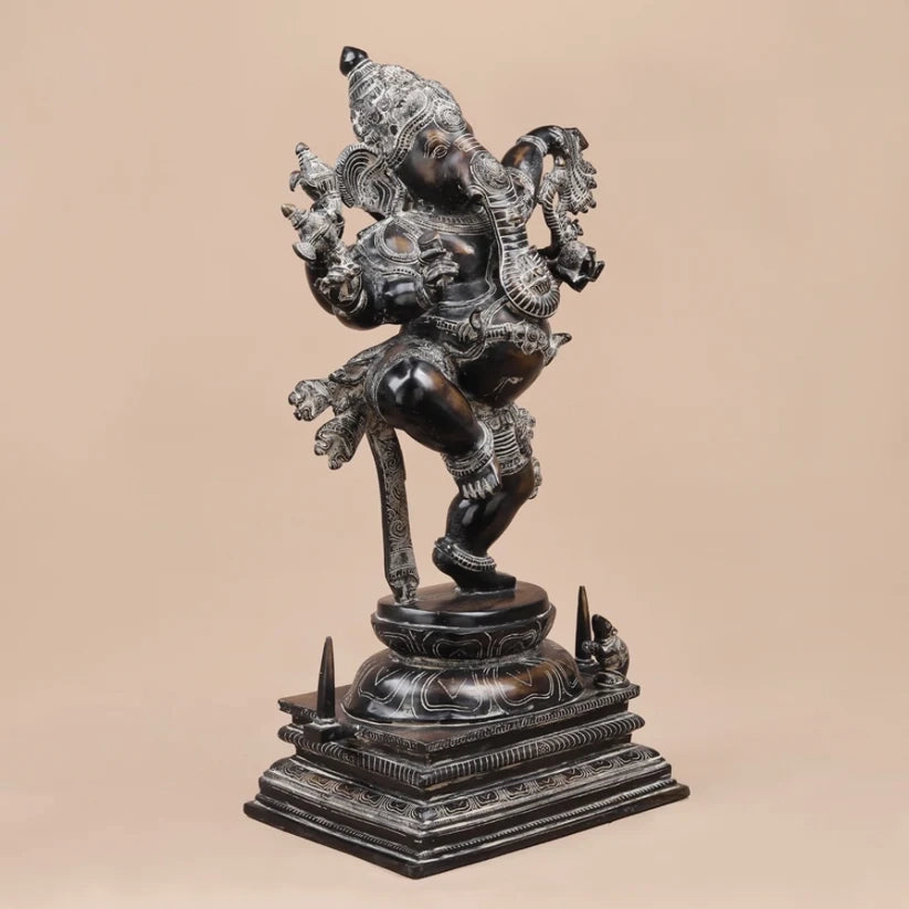 Brassaura® Dancing Ganesha Idol with Black & Silver Antique Finish | Pure Superfine Brass Handcrafted Murti | Brass Statue for Home Temple, Pooja Room | Height 30 Inches | Weight 34.24 Kgs
