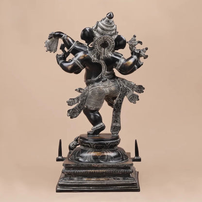 Brassaura® Dancing Ganesha Idol with Black & Silver Antique Finish | Pure Superfine Brass Handcrafted Murti | Brass Statue for Home Temple, Pooja Room | Height 30 Inches | Weight 34.24 Kgs