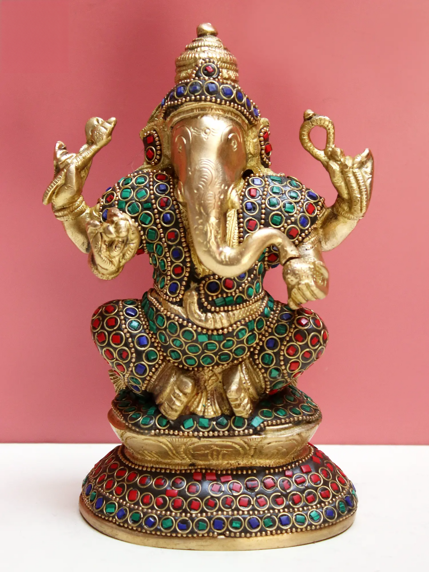 Brassaura™ Brass Ganesha Statue with Inlay Work | Height 8 Inches & Weight 1.74 kgs