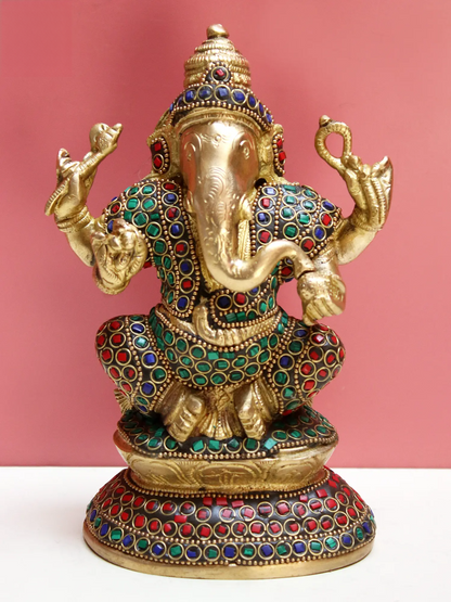 Brassaura™ Brass Ganesha Statue with Inlay Work | Height 8 Inches & Weight 1.74 kgs