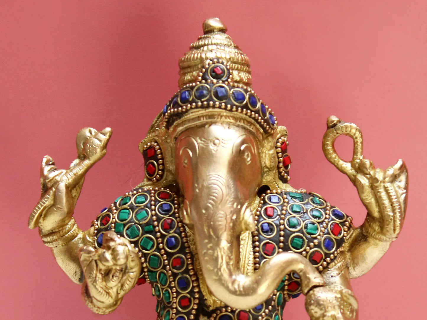 Brassaura™ Brass Ganesha Statue with Inlay Work | Height 8 Inches & Weight 1.74 kgs