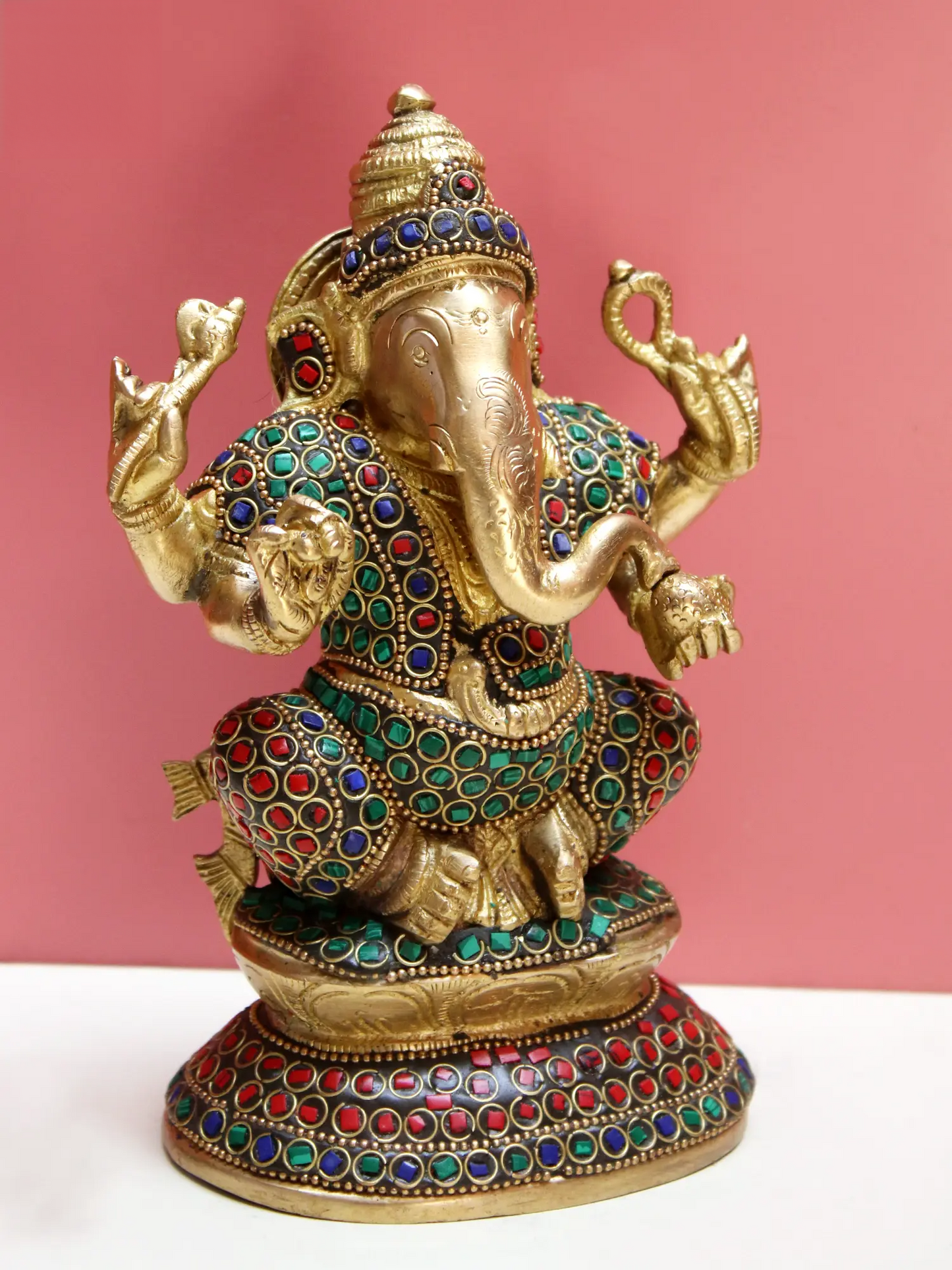 Brassaura™ Brass Ganesha Statue with Inlay Work | Height 8 Inches & Weight 1.74 kgs