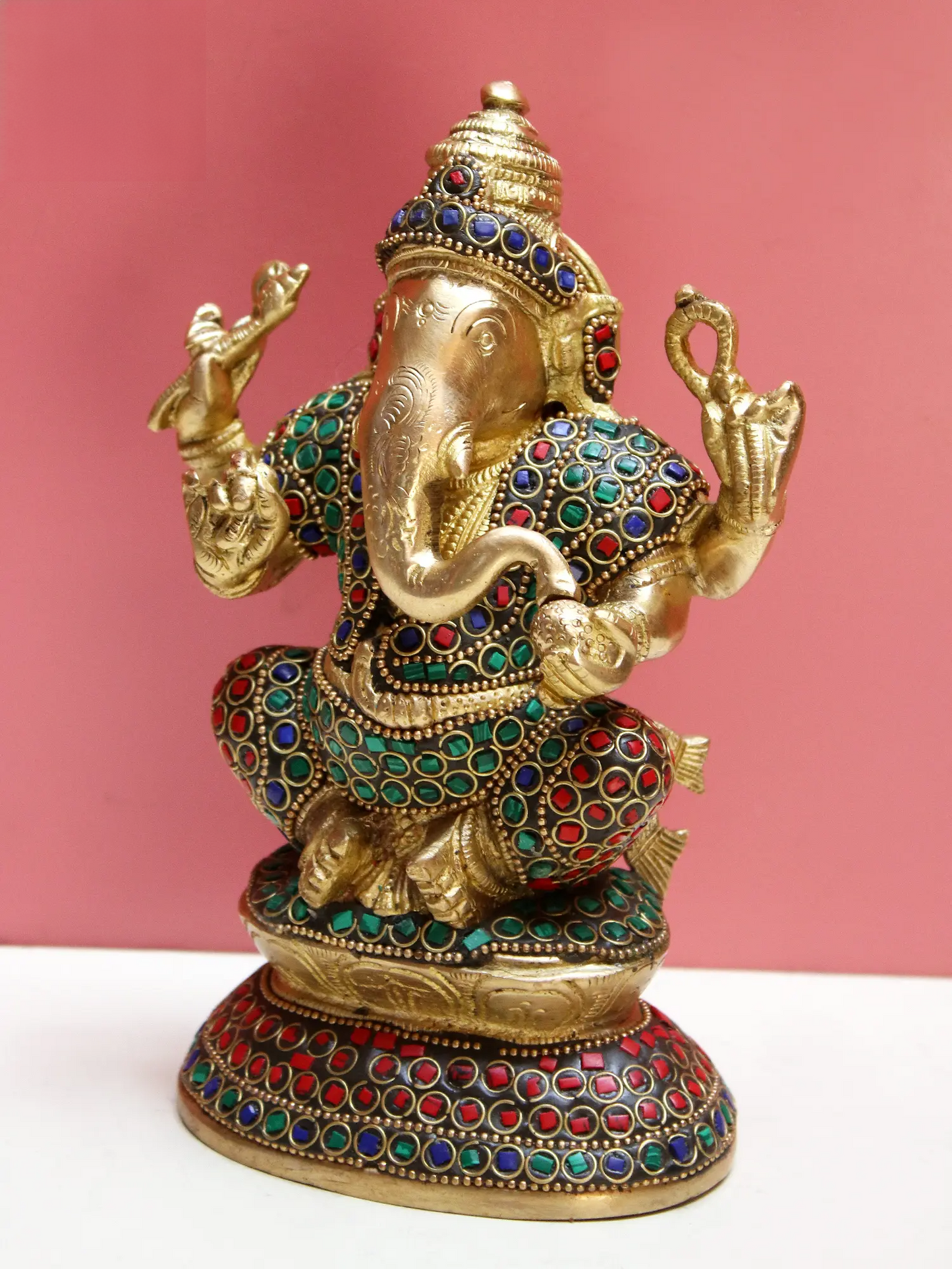 Brassaura™ Brass Ganesha Statue with Inlay Work | Height 8 Inches & Weight 1.74 kgs