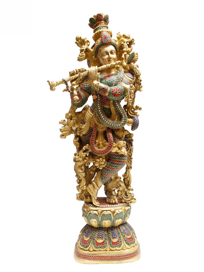 Brassaura® Brass Krishna Statue with Inlay Work | Height 28.94 Inches & Weight 16.80 kg
