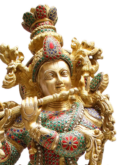 Brassaura® Brass Krishna Statue with Inlay Work | Height 28.94 Inches & Weight 16.80 kg