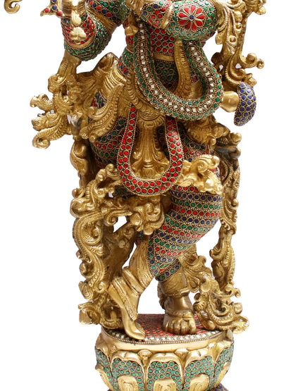 Brassaura® Brass Krishna Statue with Inlay Work | Height 28.94 Inches & Weight 16.80 kg