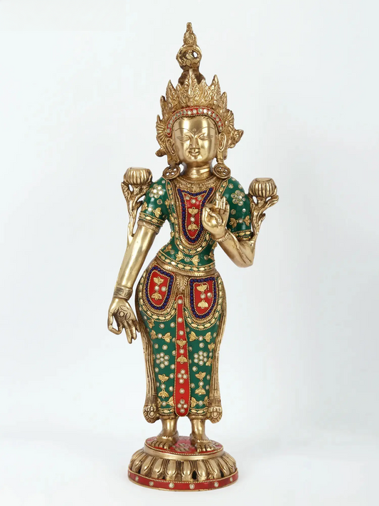 ब्रासौरा® स्टोन वर्क के साथ खड़ी देवी तारा | इनले वर्क के साथ पीतल | ऊंचाई 20 इंच और वजन 4.32 किग्रा