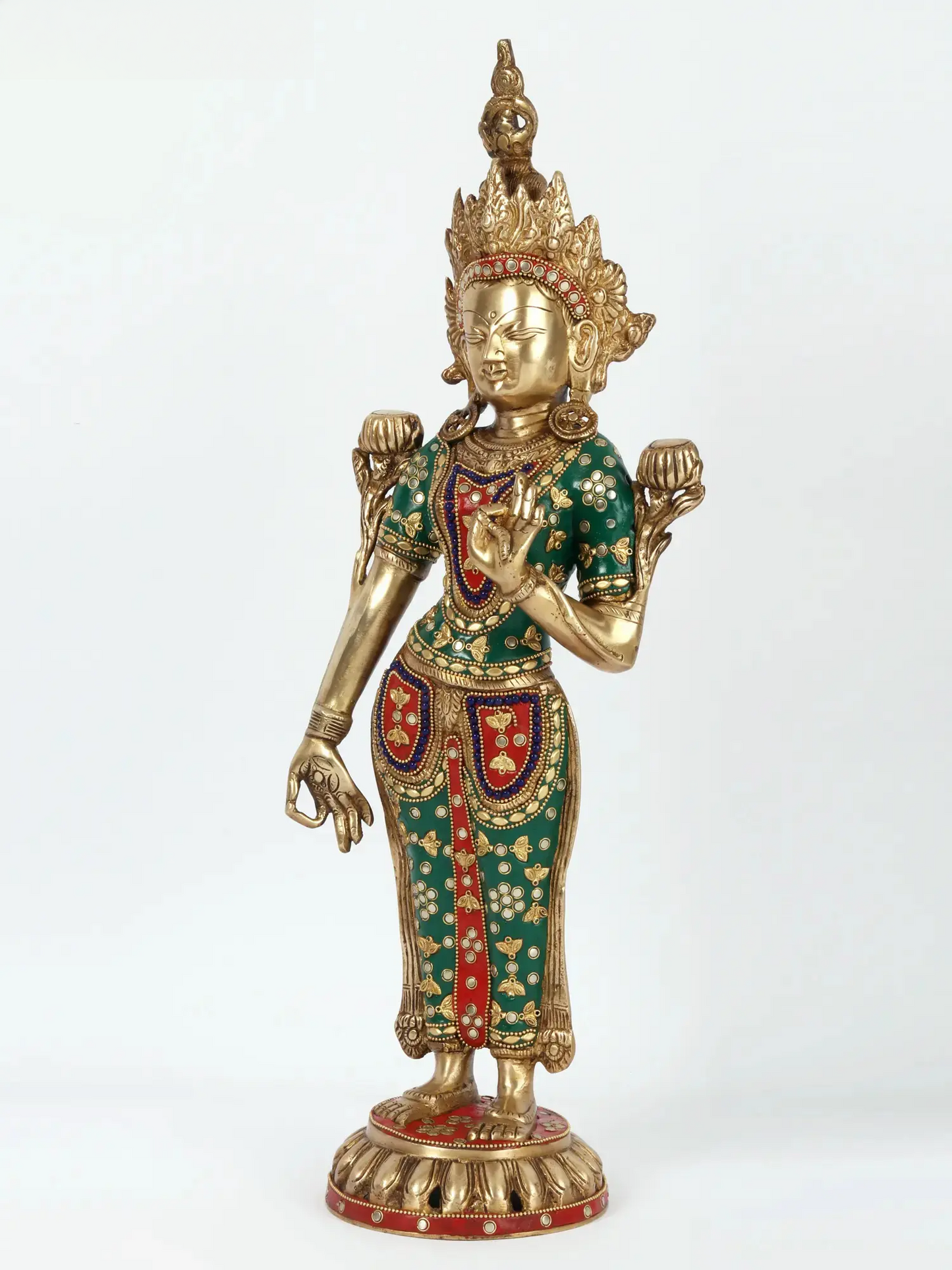 ब्रासौरा® स्टोन वर्क के साथ खड़ी देवी तारा | इनले वर्क के साथ पीतल | ऊंचाई 20 इंच और वजन 4.32 किग्रा