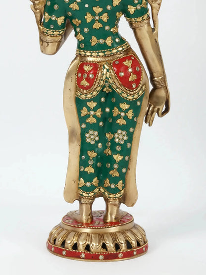 ब्रासौरा® स्टोन वर्क के साथ खड़ी देवी तारा | इनले वर्क के साथ पीतल | ऊंचाई 20 इंच और वजन 4.32 किग्रा