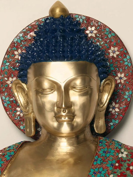 ब्रासौरा® कमल जड़ाई के काम के साथ बैठे बुद्ध | जटिल पत्थर विवरण वाली पीतल की मूर्ति | ऊंचाई 36 इंच और वजन 69.35 किलोग्राम