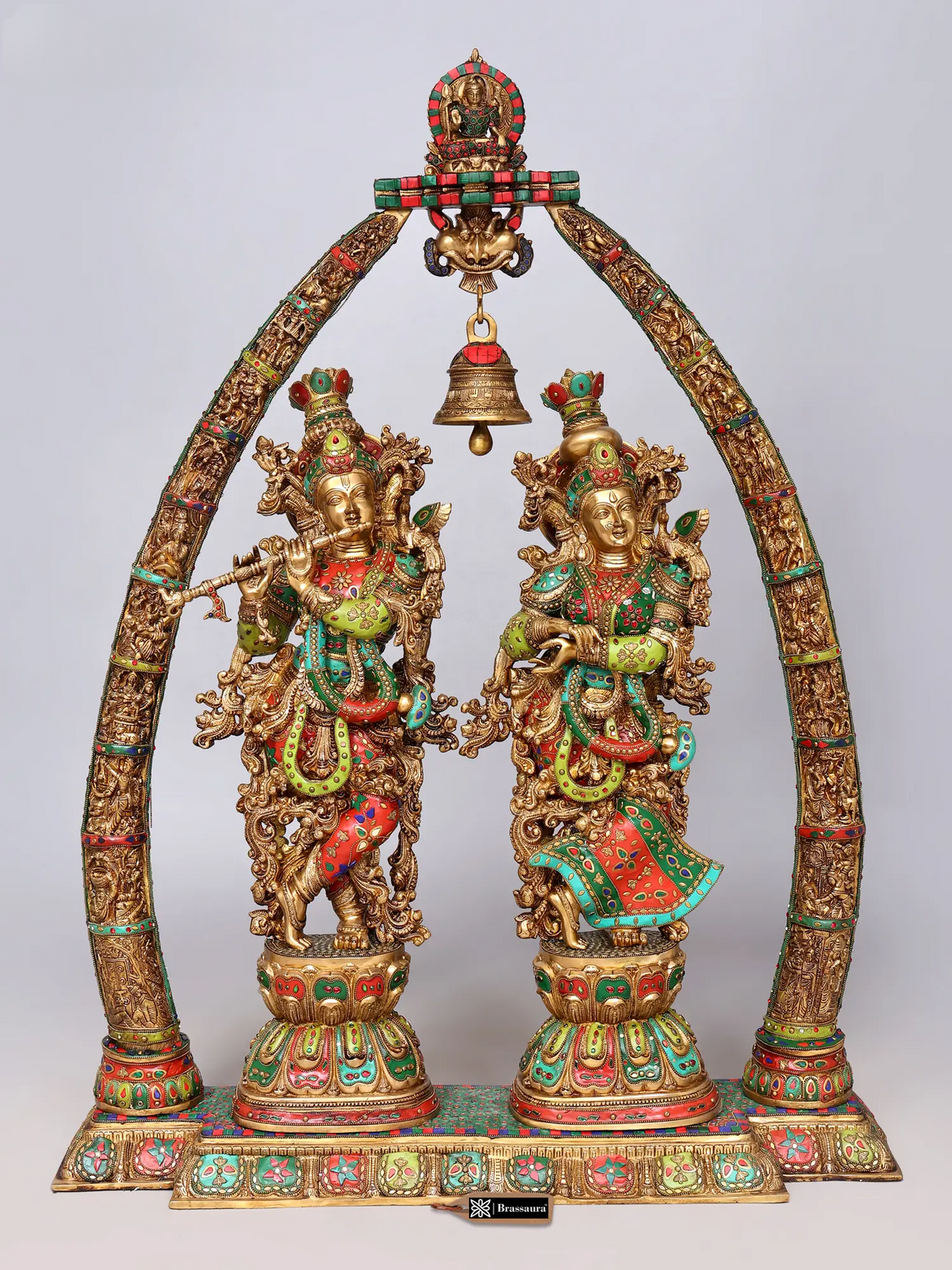 Brassaura® Radha Krishna Standing Idol with Multi-Color Inlay Finish | Pure Superfine Brass Handcrafted Murti | Brass Statue for Home Temple, Pooja Room | Height 45.5 Inches | Weight 76.5 Kgs