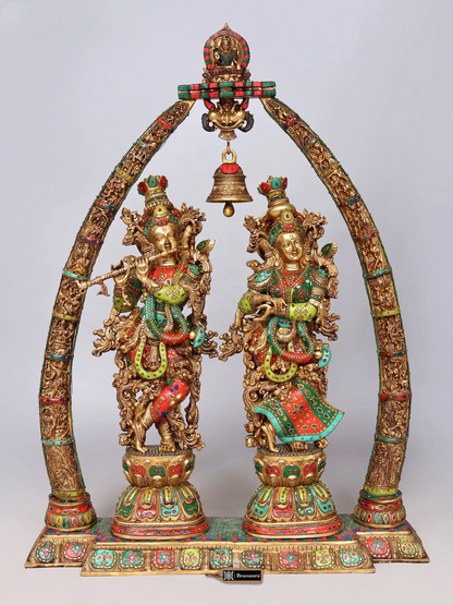 Brassaura® Radha Krishna Standing Idol with Multi-Color Inlay Finish | Pure Superfine Brass Handcrafted Murti | Brass Statue for Home Temple, Pooja Room | Height 45.5 Inches | Weight 76.5 Kgs
