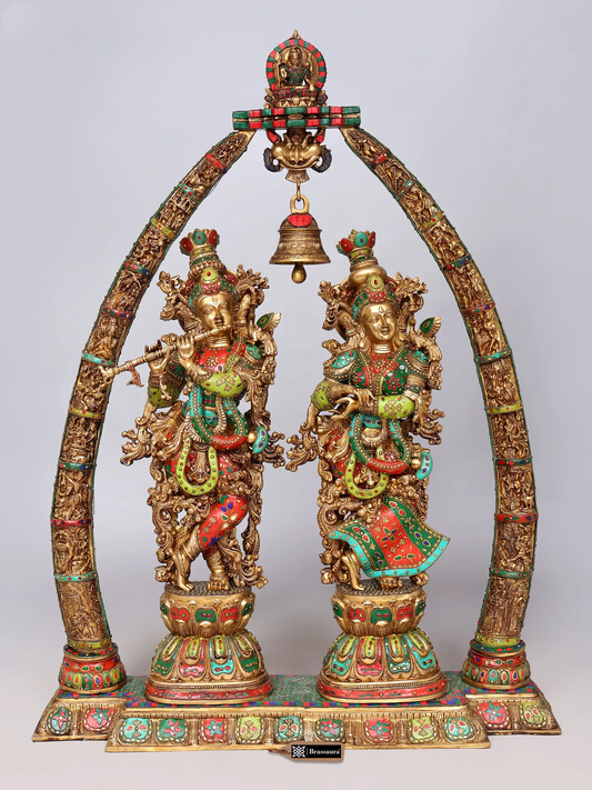 Brassaura® Radha Krishna Standing Idol with Multi-Color Inlay Finish | Pure Superfine Brass Handcrafted Murti | Brass Statue for Home Temple, Pooja Room | Height 45.5 Inches | Weight 76.5 Kgs