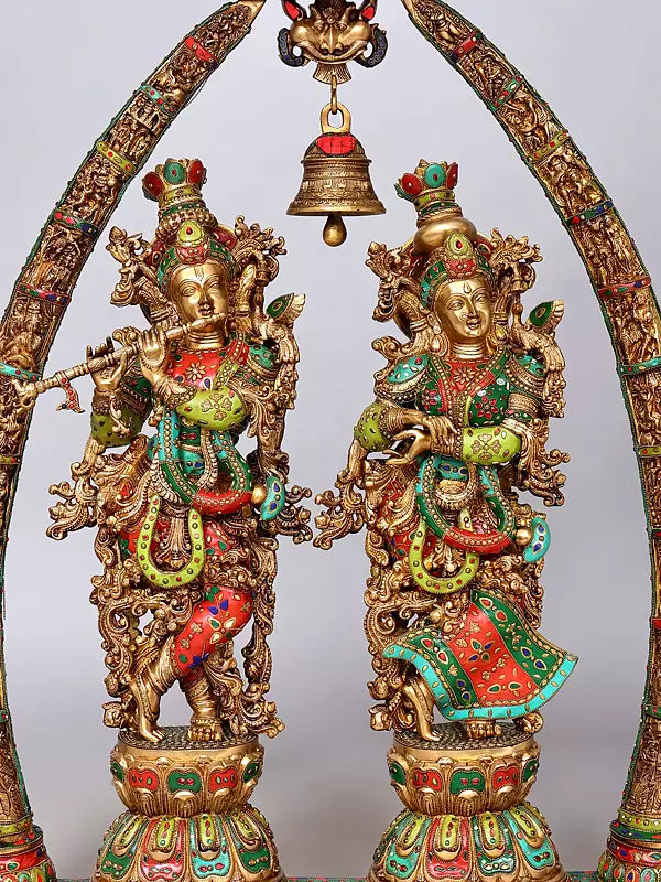 Brassaura® Radha Krishna Standing Idol with Multi-Color Inlay Finish | Pure Superfine Brass Handcrafted Murti | Brass Statue for Home Temple, Pooja Room | Height 45.5 Inches | Weight 76.5 Kgs