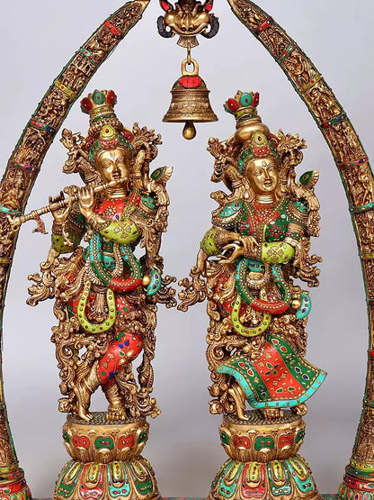 Brassaura® Radha Krishna Standing Idol with Multi-Color Inlay Finish | Pure Superfine Brass Handcrafted Murti | Brass Statue for Home Temple, Pooja Room | Height 45.5 Inches | Weight 76.5 Kgs