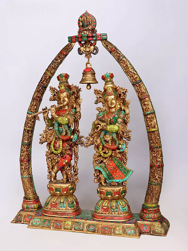 Brassaura® Radha Krishna Standing Idol with Multi-Color Inlay Finish | Pure Superfine Brass Handcrafted Murti | Brass Statue for Home Temple, Pooja Room | Height 45.5 Inches | Weight 76.5 Kgs