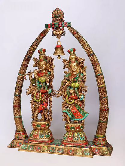 Brassaura® Radha Krishna Standing Idol with Multi-Color Inlay Finish | Pure Superfine Brass Handcrafted Murti | Brass Statue for Home Temple, Pooja Room | Height 45.5 Inches | Weight 76.5 Kgs