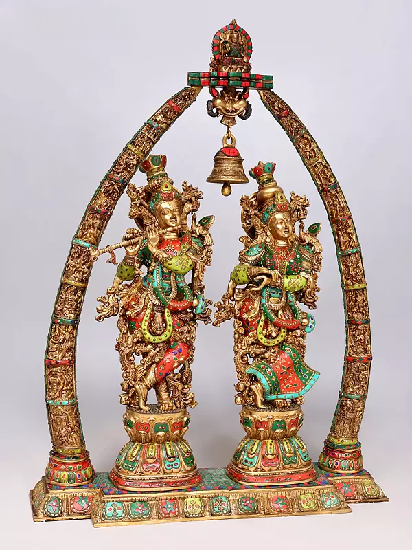 Brassaura® Radha Krishna Standing Idol with Multi-Color Inlay Finish | Pure Superfine Brass Handcrafted Murti | Brass Statue for Home Temple, Pooja Room | Height 45.5 Inches | Weight 76.5 Kgs