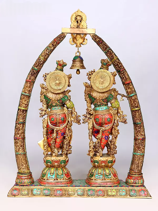 Brassaura® Radha Krishna Standing Idol with Multi-Color Inlay Finish | Pure Superfine Brass Handcrafted Murti | Brass Statue for Home Temple, Pooja Room | Height 45.5 Inches | Weight 76.5 Kgs