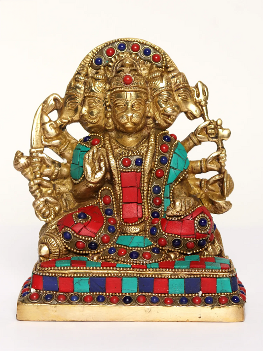ब्रासौरा® पंचमुखी हनुमान पीतल की मूर्ति, इनले वर्क के साथ | ऊंचाई 5.9 इंच और वज़न 1.74 किलोग्राम