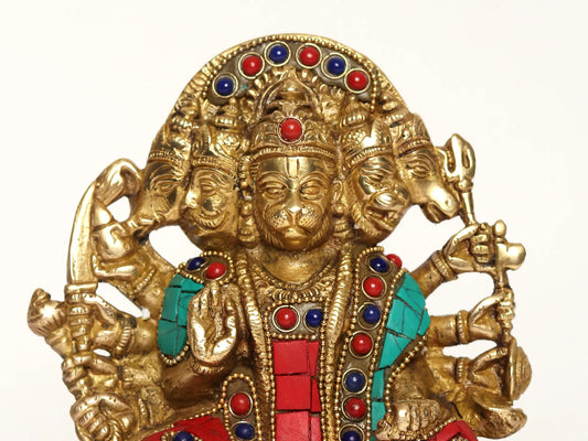 ब्रासौरा® पंचमुखी हनुमान पीतल की मूर्ति, इनले वर्क के साथ | ऊंचाई 5.9 इंच और वज़न 1.74 किलोग्राम