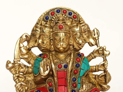 Brassaura® Panchmukhi Hanuman Brass Statue with Inlay Work | Height 5.9 Inches & Weight 1.74 kgs