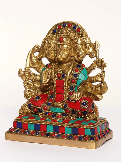 Brassaura® Panchmukhi Hanuman Brass Statue with Inlay Work | Height 5.9 Inches & Weight 1.74 kgs
