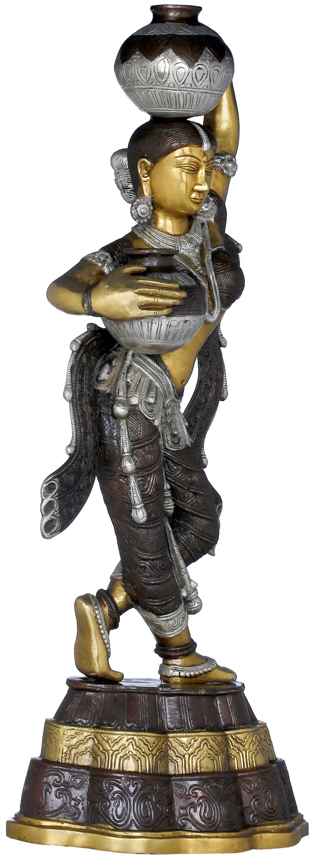 Brassaura® Brass Matka Lady Statue with Inlay Work | Height 26.97 Inches & Weight 13.30 kg