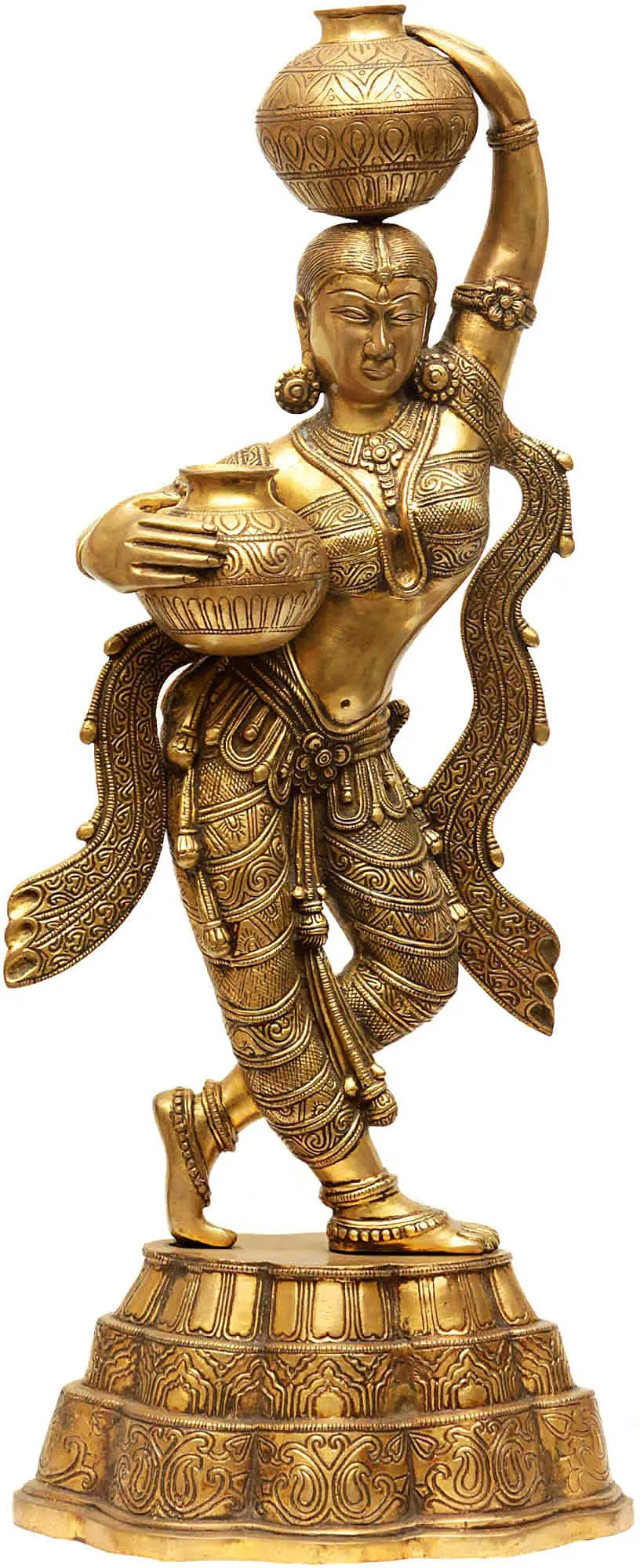 Brassaura® Brass Matka Lady Statue with Inlay Work | Height 26.97 Inches & Weight 13.30 kg
