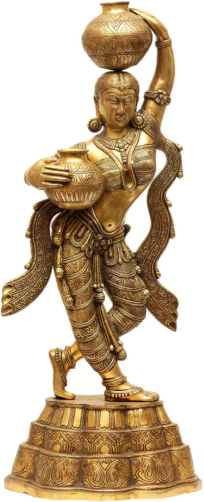 Brassaura® Brass Matka Lady Statue with Inlay Work | Height 26.97 Inches & Weight 13.30 kg