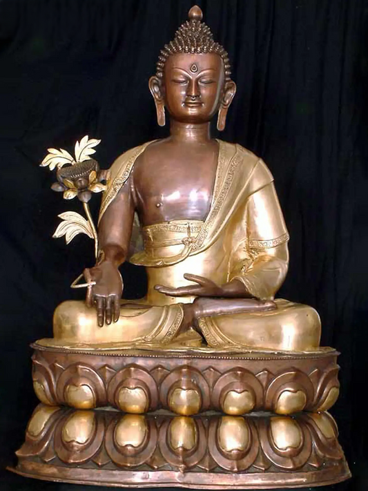 ब्रैसौरा® कमल के डंठल के साथ बैठे बुद्ध | शुद्ध पीतल | ऊँचाई 38 इंच और वज़न 46 किलोग्राम