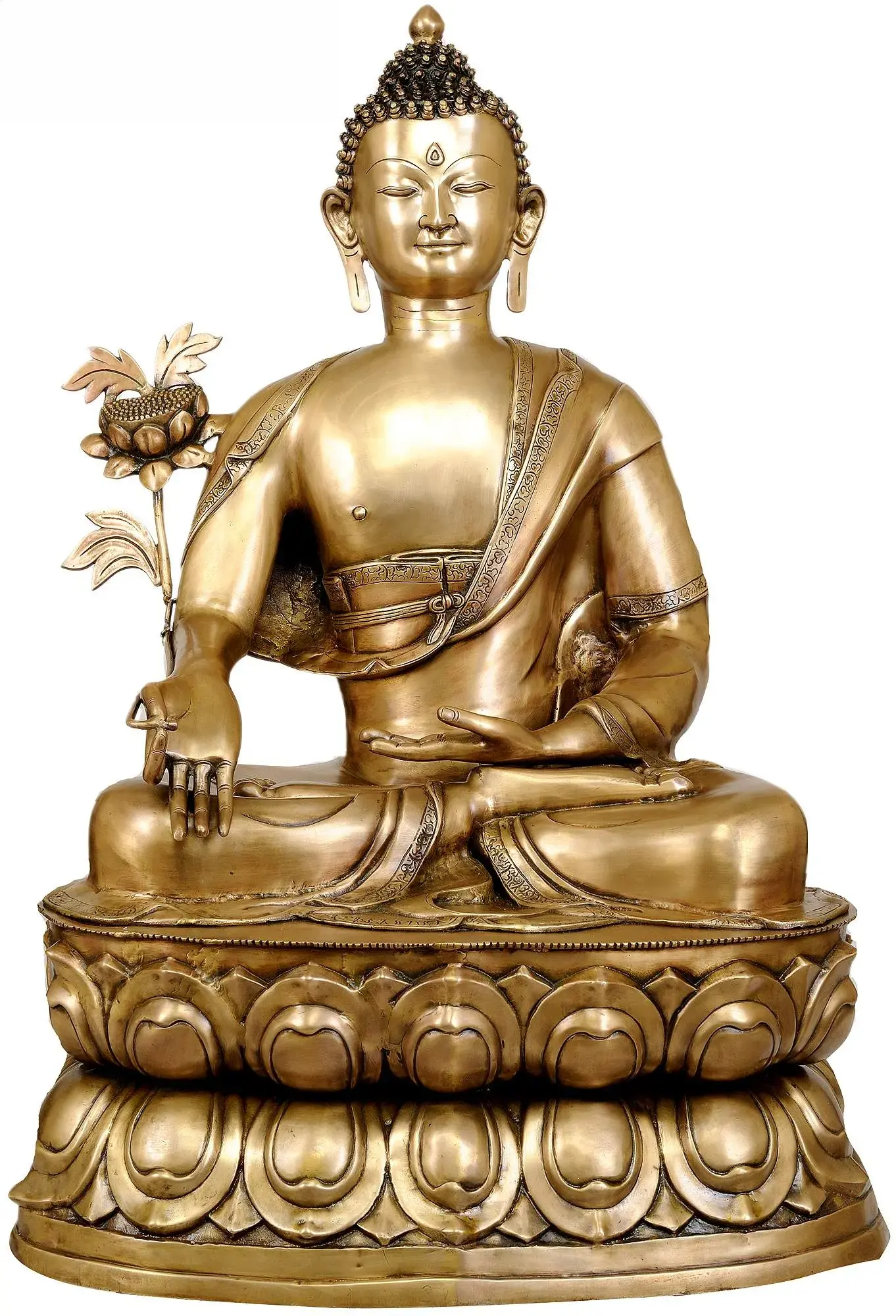 ब्रैसौरा® कमल के डंठल के साथ बैठे बुद्ध | शुद्ध पीतल | ऊँचाई 38 इंच और वज़न 46 किलोग्राम
