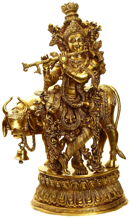 Brassaura® Brass Krishna Statue with Inlay Work | Height 28.54 Inches & Weight 31.84 kg