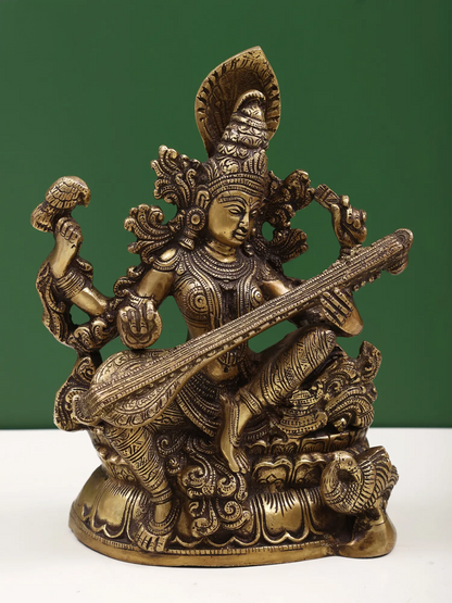 Brassaura® Goddess Saraswati Playing Veena | Brass Sculpture | Height 11.42 Inches & Weight 5.46 kgs