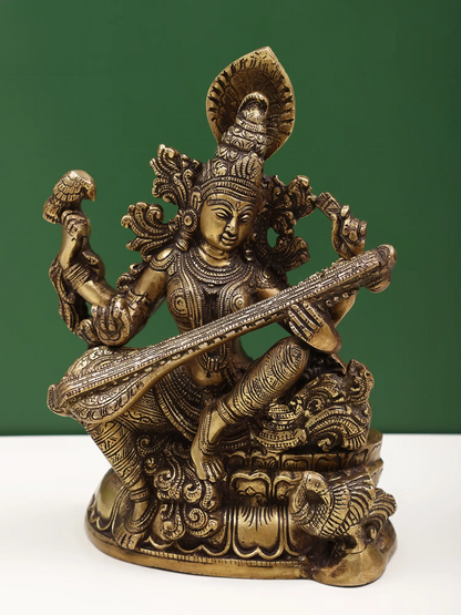 Brassaura® Goddess Saraswati Playing Veena | Brass Sculpture | Height 11.42 Inches & Weight 5.46 kgs
