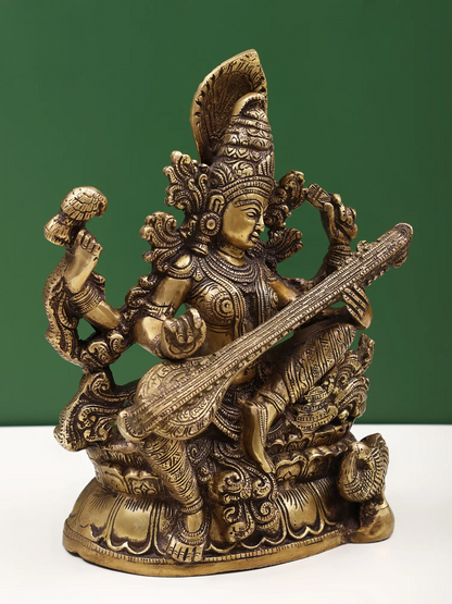 Brassaura® Goddess Saraswati Playing Veena | Brass Sculpture | Height 11.42 Inches & Weight 5.46 kgs