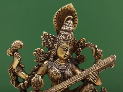Brassaura® Goddess Saraswati Playing Veena | Brass Sculpture | Height 11.42 Inches & Weight 5.46 kgs