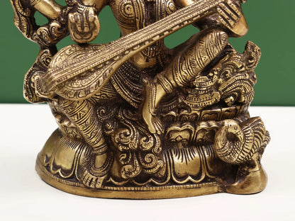 Brassaura® Goddess Saraswati Playing Veena | Brass Sculpture | Height 11.42 Inches & Weight 5.46 kgs