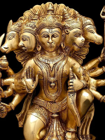 Brassaura® Panchmukhi Hanuman Kneeling Blessing Pose Idol with Natural Brass Finish | Pure Superfine Brass Handcrafted Murti | Brass Statue for Home Temple, Pooja Room | Height 12.5 Inches | Weight 8.45 Kgs