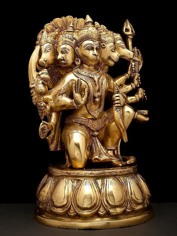 Brassaura® Panchmukhi Hanuman Kneeling Blessing Pose Idol with Natural Brass Finish | Pure Superfine Brass Handcrafted Murti | Brass Statue for Home Temple, Pooja Room | Height 12.5 Inches | Weight 8.45 Kgs