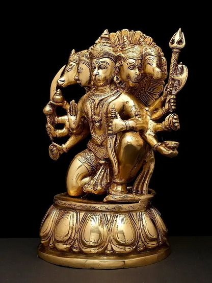 Brassaura® Panchmukhi Hanuman Kneeling Blessing Pose Idol with Natural Brass Finish | Pure Superfine Brass Handcrafted Murti | Brass Statue for Home Temple, Pooja Room | Height 12.5 Inches | Weight 8.45 Kgs