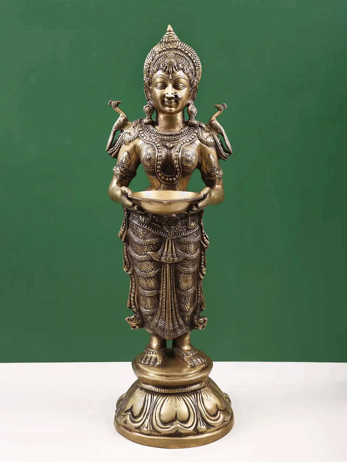 Brassaura® Deep Lakshmi Standing Oil Lamp | Intricate Traditional Brass Work | Height 29.9 Inches & Weight 15.40 kgs