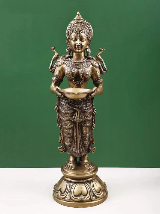 Brassaura® Deep Lakshmi Standing Oil Lamp | Intricate Traditional Brass Work | Height 29.9 Inches & Weight 15.40 kgs