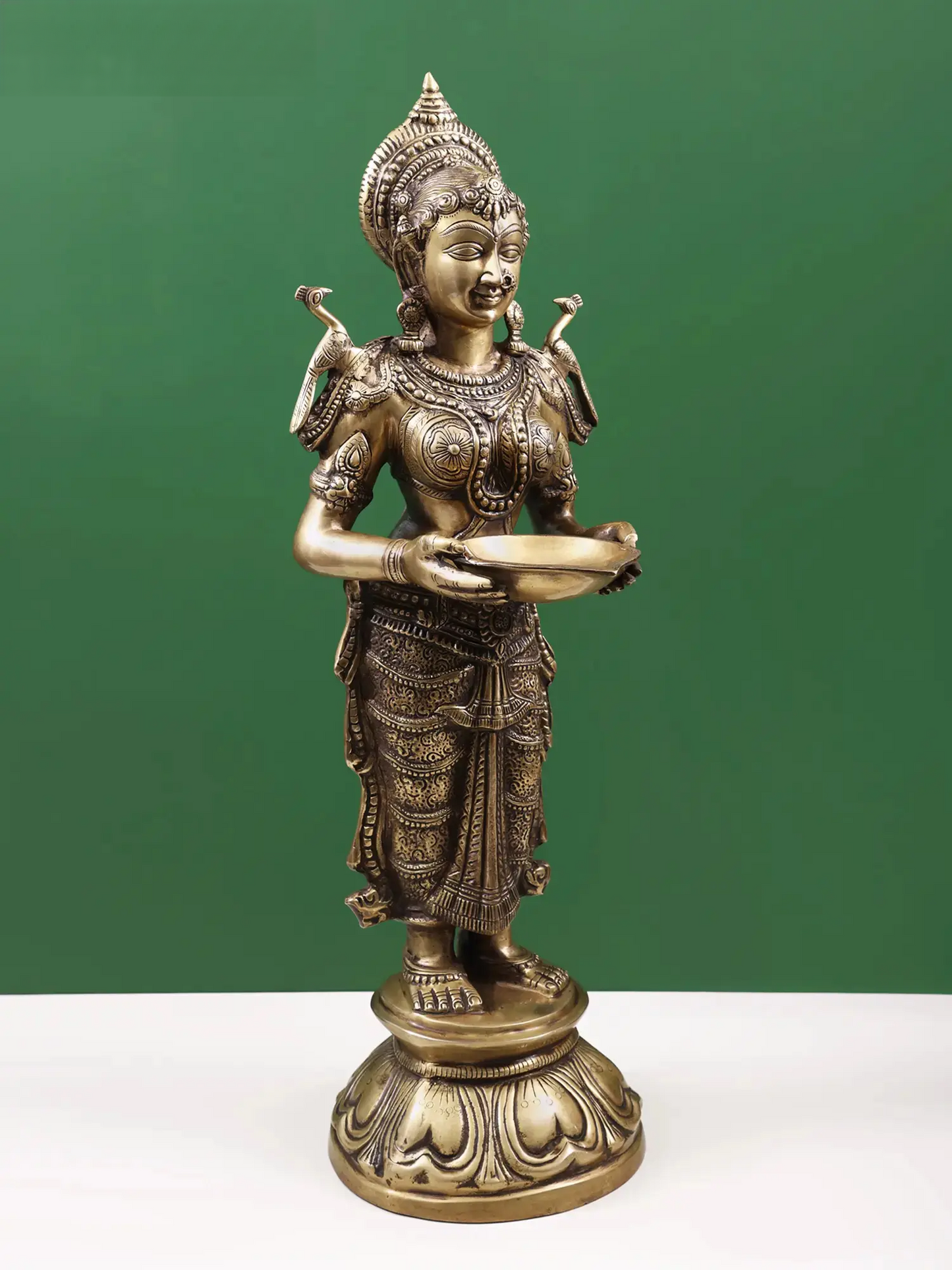 Brassaura® Deep Lakshmi Standing Oil Lamp | Intricate Traditional Brass Work | Height 29.9 Inches & Weight 15.40 kgs